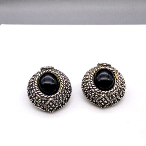 Basic Black Cabochon Earrings in Silver Tone Frames, Neutral Vintage Chic Clip - Picture 4 of 5